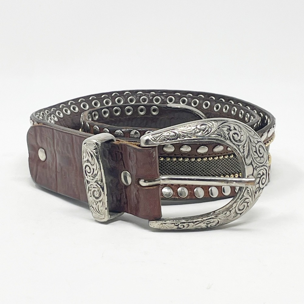 Nanni Leather Belt Unisex 32 Brown Studded Grommet Mesh Western Made In Italy